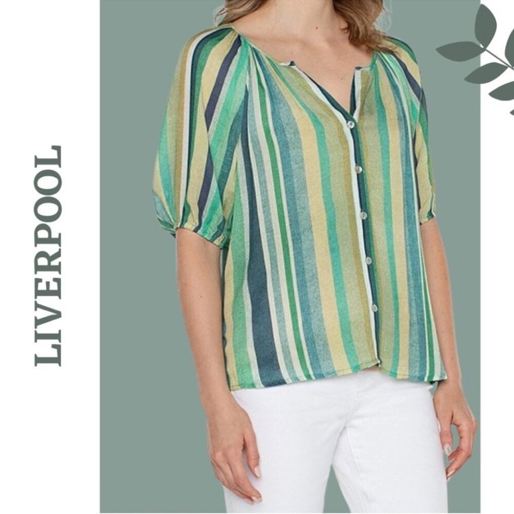 Liverpool Viscose Striped Green Multi Top Botton Front Full Half Sleeve XL